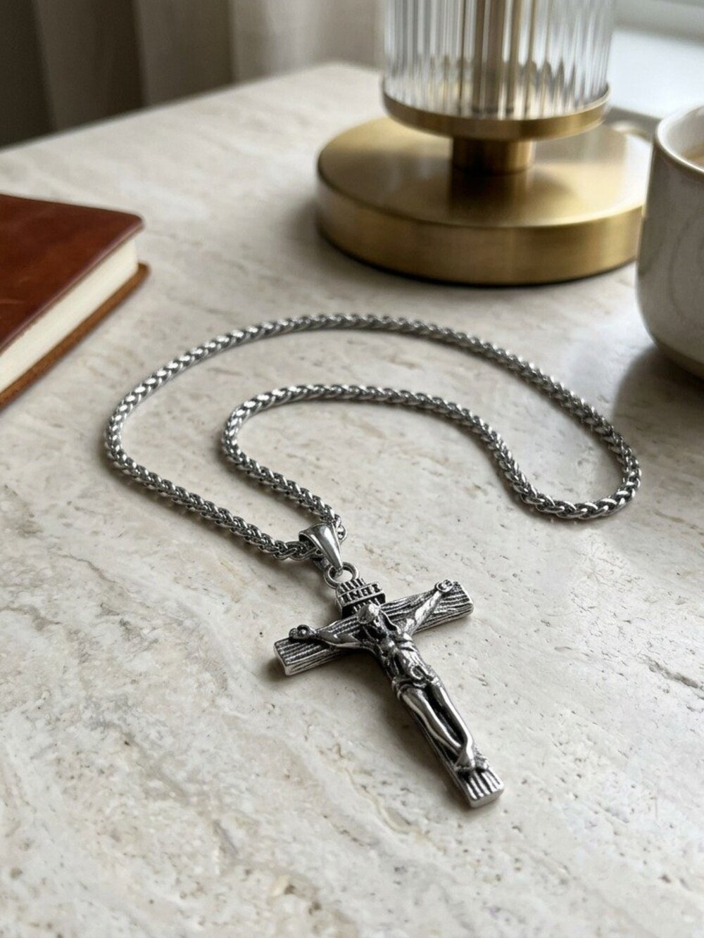 Mens Crucifix Necklace Stainless Steel Silver Jesus Cross Pendant 20 Inch Chain